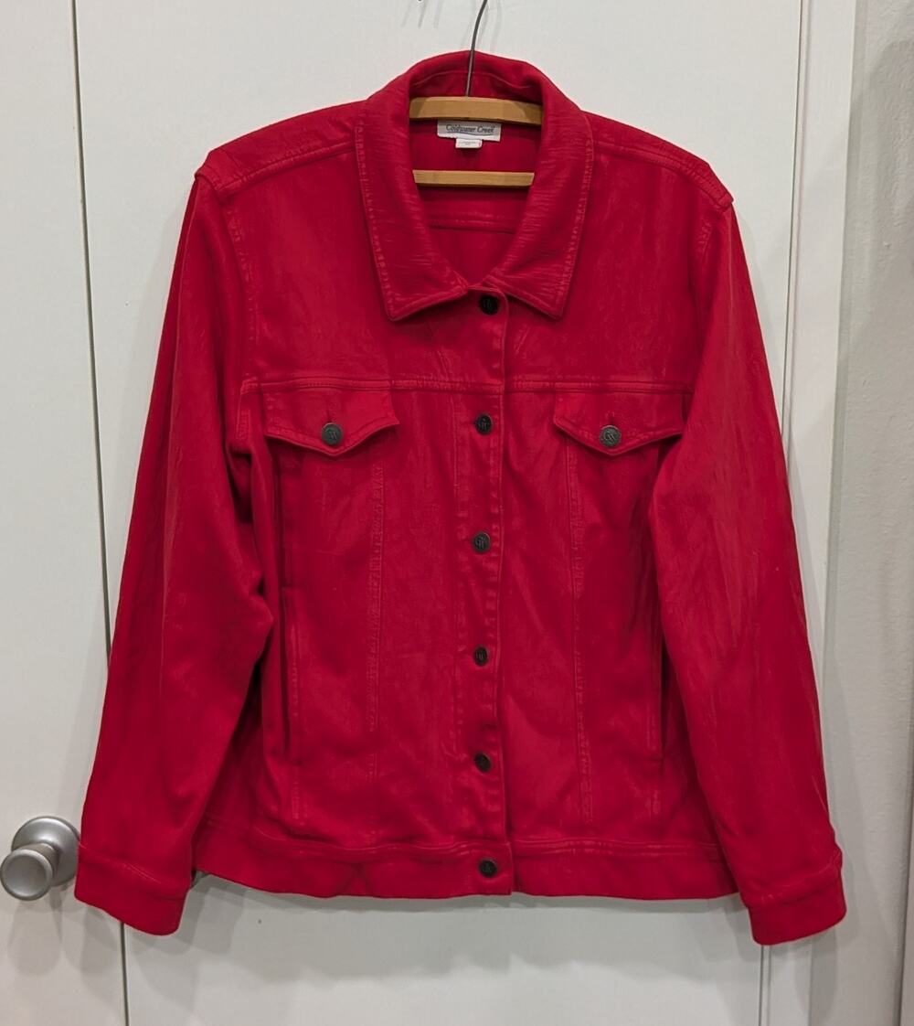 Coldwater Creek Red Stretch Knit Denim Jacket 2X Button Front Trucker Coastal